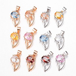 Brass Cubic Zirconia Kitten Pendants, Cat Silhouette Shape, Mixed Color, 16x9x5.5mm, Hole: 4x5mm