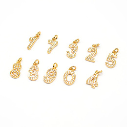 Honeyhandy Real 18K Gold Plated Brass Micro Pave Cubic Zirconia Charms, Number 0~9, Cadmium Free & Nickel Free & Lead Free, Mixed, 11x6~7x1.5~2mm, Hole: 2mm