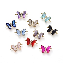 Honeyhandy Glass Links Connectors, with Brass Micro Pave Cubic Zirconia, Faceted, Butterfly, Light Gold, Mixed Color, 8x14x5mm, Hole: 1.2mm