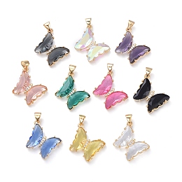 Honeyhandy Brass Micro Pave Clear Cubic Zirconia Pendants, with Glass, Butterfly, Golden, Mixed Color, 24x21.5x4mm