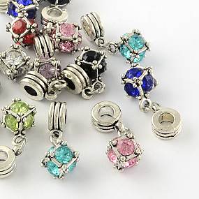 Honeyhandy Large Hole Cube Alloy Rhinestone European Dangle Charms, Antique Silver, Mixed Color, 15x12x12mm, Hole: 4mm