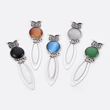 Honeyhandy Tibetan Style Alloy Bookmarks, with Cat Eye Cabochons, Owl, Antique Silver, 87.5x22.5x6mm, Fit for 1mm Rhinestone