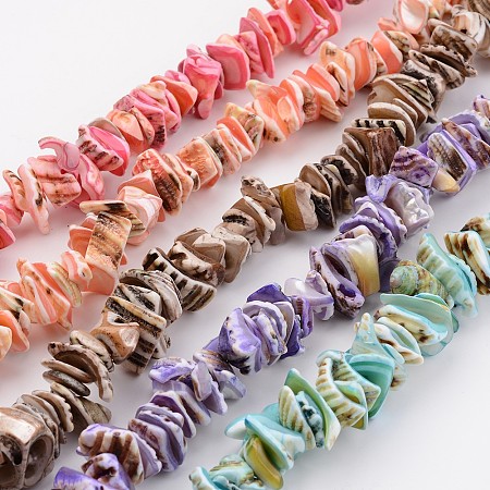 Honeyhandy Natural Shell Bead Strands, Dyed, Nuggets, Mixed Color, 10~20x8~12x3~6mm, Hole: 1mm, about 15.7 inch