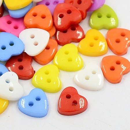 NBEADS 400 Pcs Acrylic Heart Buttons, Plastic Sewing Buttons for Costume Design, 2-Hole, Dyed, Mixed Color, 14x14x3mm, Hole: 1mm