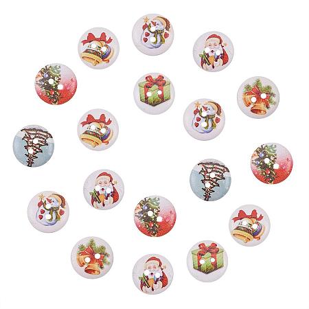 NBEADS 500 Pcs Holiday Buttons, 2-Hole Dyed Flat Round Printed Wooden Sewing Buttons for Christmas, Mixed Color, 15x4mm, Hole: 1.5mm