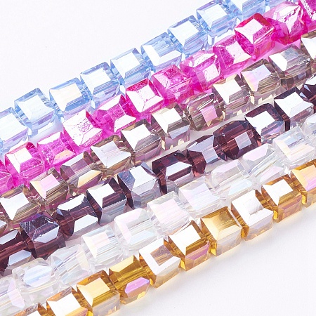 Honeyhandy Electroplate Glass Beads Strands, AB Color Plated, Faceted, Cube, Mixed Color, 6x6x6mm, Hole: 1mm, about 100pcs/strand, 22 inch