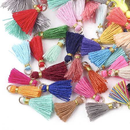 Honeyhandy Polycotton(Polyester Cotton) Tassel Pendant Decorations, Mini Tassel, with Iron Findings and Metallic Cord, Light Gold, Mixed Color, 10~15x2~3mm, Hole: 1.5mm
