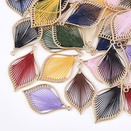 Honeyhandy Cotton Thread Woven Pendants, with Alloy Findings, Leaf, Golden, Mixed Color, 43x26.5x2mm, Hole: 1.8mm