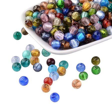 NBEADS 200Pcs Handmade Silver Foil Glass Beads, Round, Mixed Color, 8mm, Hole: 2mm