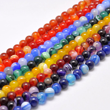 Honeyhandy Natural Striped Agate/Banded Agate Bead Strands, Dyed & Heated Color, Round, Grade A, Mixed Color, 6mm, Hole: 1mm, about 63pcs/strand, 14.7 inch(375mm)