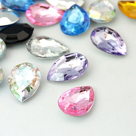 Honeyhandy Flat Back Cabochons, Acrylic Rhinestone Beads, Faceted, teardrop, Mixed Color, 18x13x5.5mm