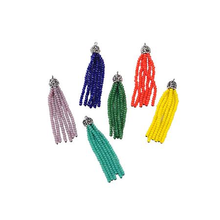 NBEADS 5 Pcs Random Mixed Color Faceted Glass Beaded Tassel Long Bead Fringe Dangle Stud Tassel Earrings with Rhinestone and Platinum Tone Brass Findings for DIY Jewelry Making