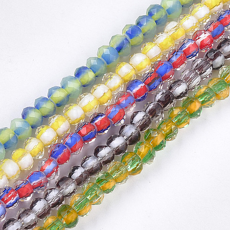 NBEADS Glass Beads Strands, Faceted, Two Tone, Rondelle with Flower, Mixed Color, 7.5~8x5.5mm, Hole: 1~1.5mm; about 74pcs/strand, 16.1''