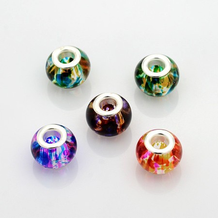 Honeyhandy Large Hole Glass European Beads, with Silver Color Plated Brass Cores, Rondelle, Mixed Color, 14x11mm, Hole: 5mm