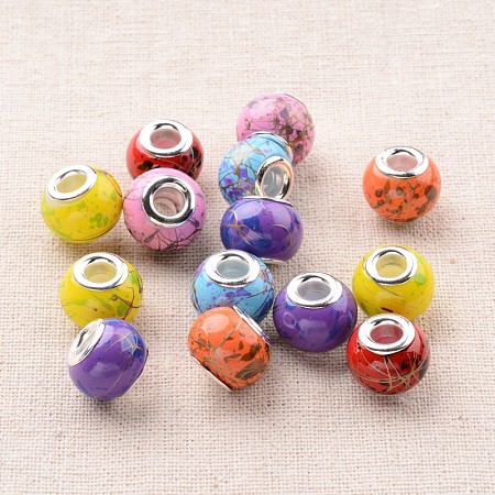 Arricraft Spray Painted Glass European Beads, with Silver Color Plated Brass Core, Large Hole Beads, Rondelle, Mixed Color, 14~15x11mm, Hole: 4.5~5mm