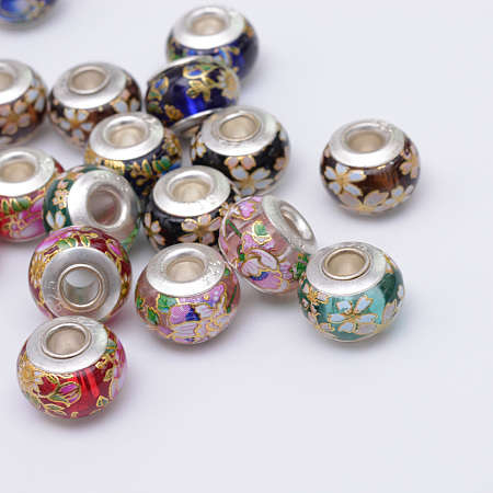 Arricraft Glass European Beads, with Silver Color Plated Brass Core, Large Hole Beads, Faceted Rondelle, AB-Color Plated, Mixed Color, 13~14x9mm, Hole: 4.5~5mm
