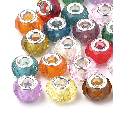 Arricraft Acrylic European Beads, Large Hole Beads, with Silver Color Plated Brass Cores, Faceted, Rondelle, Mixed Color, 13~14x9~10mm, Hole: 4.5mm