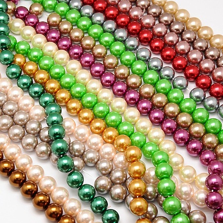 Environmental Dyed Glass Pearl Round Beads Strands, Cotton Cord Threaded, Mixed Color, 12mm, Hole: 0.7~1.1mm; about 34pcs/strand, 15 inches