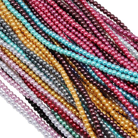 Pandahall Elite 30 Strands 4mm Dyed Glass Pearl Beads Round Spacer Bead with Cotton Cord Thread for Jewelry Making 10 Colors (Each About 104 Pieces)