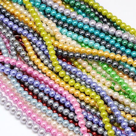 Environmental Dyed Glass Pearl Round Bead Strands, Cotton Cord Threaded, Mixed Color, 6mm, Hole: 0.7~1.1mm; about 72pcs/strand, 15 inches