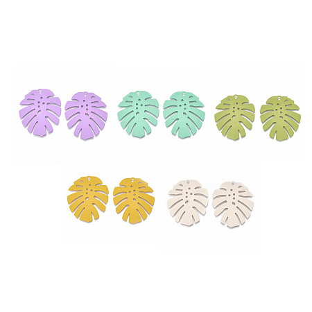 Honeyhandy Spray Painted Iron Pendants, Tropical Leaf Charms, Monstera Leaf, Mixed Color, 36x31.5x1mm, Hole: 1.5mm