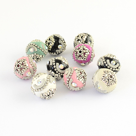 Honeyhandy Round Handmade Indonesia Beads, with Rhinestones and Alloy Cores, Antique Silver, Mixed Color, 16~17x16~17mm, Hole: 1.5mm