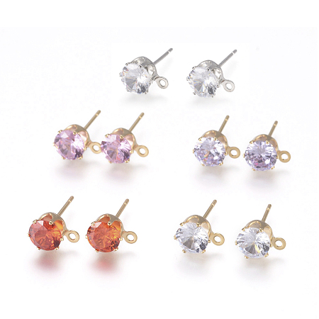 Arricraft Brass Stud Earring Findings, with 316 Stainless Steel Pin, Cubic Zirconia and Loop, Long-Lasting Plated, Flat Round, Mixed Color, Mixed Color, 15.5x8x5.5mm, Hole: 1mm, Pin: 0.7mm