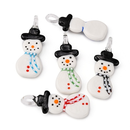 Honeyhandy Christmas Handmade Lampwork Pendants, Snowman, Mixed Color, 65x25x10mm, Hole: 5mm