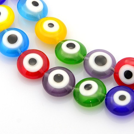 ARRICRAFT Handmade Evil Eye Lampwork Bead Strands, Flat Round, Mixed Color, 10x5mm, Hole: 1mm, about 41pcs/strands, 16 inches