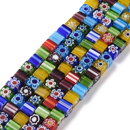 Handmade Millefiori Glass Bead Strands, Cube, Mixed Color, 8x8x8mm, Hole: 1mm, about 48pcs/strands, 16 inch