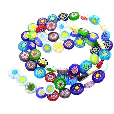 Pandahall Elite 5 Strands 12mm Millefiori Lampwork Glass Beads Flat Round Spacer Bead for Jewelry Making 16