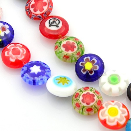 Honeyhandy Handmade Millefiori Glass Bead Strands, Flat Disc, Mixed Color, 10x4.5mm, Hole: 1mm, about 38~40pcs/strand, 15 inch