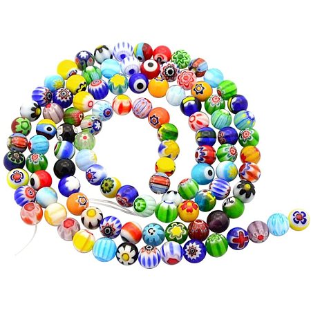 Pandahall Elite 5 Strands 8mm Millefiori Lampwork Glass Beads Round Spacer Bead for Jewelry Making 16