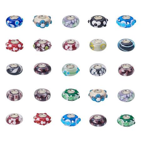 ARRICRAFT 50PCS 14x8mm Handmade Lampwork European Beads Rondelle Beads with Single Silver Color Cupronickel Core, Mixed Color
