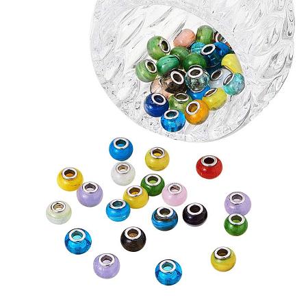 ARRICRAFT 100PCS Mixed Styles Handmade Lampwork Glass European Beads with Brass Double Cores, Large Hole Rondelle Beads, Mixed Color
