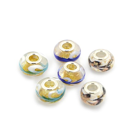 Honeyhandy Handmade Gold Sand Lampwork European Large Hole Rondelle Beads, with Silver Color Plated Brass Double Cores, Mixed Color, 15x10mm, Hole: 5mm