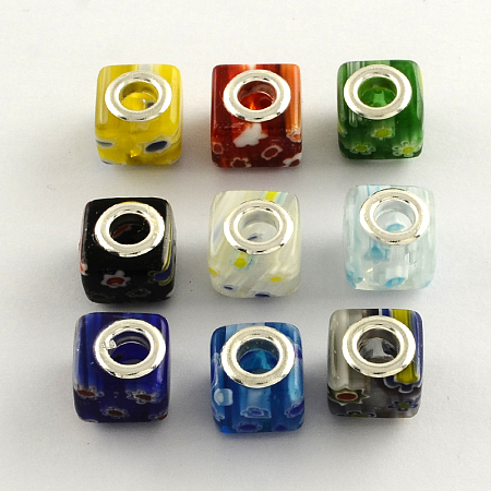 Arricraft Lampwork European Beads, Large Hole Beads, with Platinum Color Brass Core, Polished, Rondelle, Mixed Color, about 13~15mm wide, 9~12mm long, hole: 4~5mm