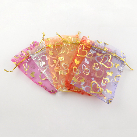 Honeyhandy Heart Printed Organza Bags, Gift Bags, Rectangle, Mixed Color, 18x13cm