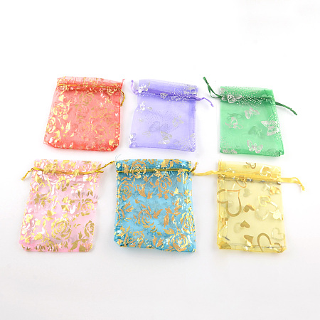 Honeyhandy Printed Organza Bags, Gift Bags, Rectangle, Mixed Pattern, Mixed Color, 12x9cm