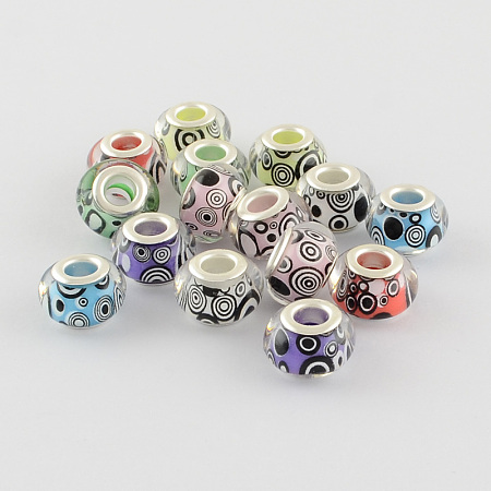 Arricraft Large Hole Acrylic European Beads, with Silver Color Plated Brass Double Cores, Rondelle, Mixed Color, 14x9mm, Hole: 5mm