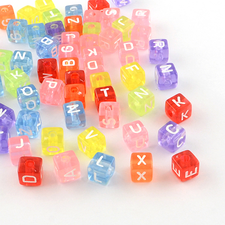 Honeyhandy Transparent Acrylic European Beads, Random Mixed Letters, Horizontal Hole, Large Hole Cube Beads, Mixed Color, 10x10x10mm, Hole: 4mm, about 530pcs/500g