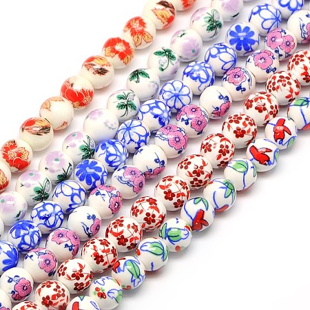 Honeyhandy Handmade Flower Printed Porcelain Ceramic Beads Strands, Round, Mixed Color, 8mm, Hole: 2mm, about 42pcs/strand, 13 inch