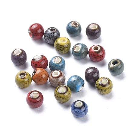 Honeyhandy Fancy Aantiqued Glazed Porcelain Beads, Round, Mixed Color, 6mm, Hole: 1.5mm
