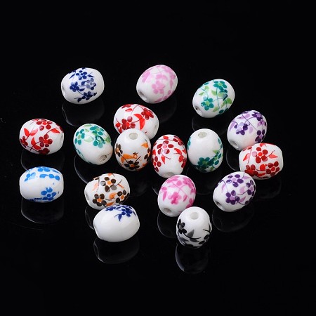 Honeyhandy Handmade Printed Porcelain Beads, Oval, Mixed Color, 12x10x10mm, Hole: 2mm