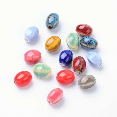 Honeyhandy Handmade Porcelain Beads, Oval, Mixed Color, 12x9x9mm, Hole: 3mm