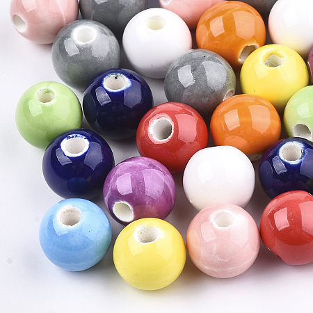 Honeyhandy Handmade Porcelain Beads, Bright Glazed Porcelain, Round, Mixed Color, 10~10.5x9.5~10mm, Hole: 2.5~3mm