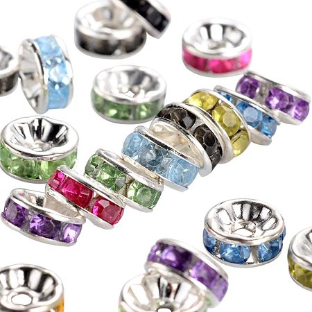 Pandahall Elite 1000pcs 8mm Mixed Color Rhinestone Spacer Beads Sliver Plated Rondelle Spacer Beads for Jewelry Making