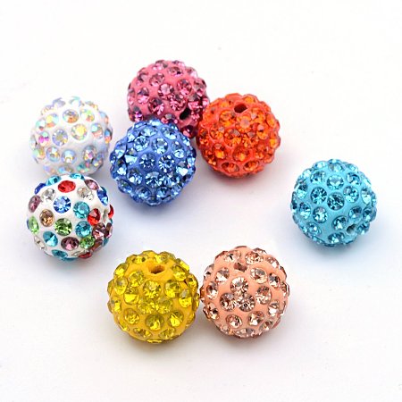 NBEADS 100 Pcs 12mm Random Mixed Color Polymer Clay Clear Gemstones Cubic Zirconia CZ Stones Pave Micro Setting Disco Ball Spacer Beads, Round Bracelet Connector Charms Beads for Jewelry Making