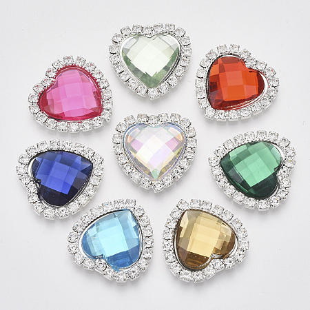 ARRICRAFT Shining Flat Back Faceted Heart Acrylic Rhinestone Cabochons, with Grade A Crystal Rhinestones and Brass Cabochon Settings, Mixed Color, 22x22x5mm