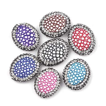 NBEADS Handmade Polymer Clay Rhinestone Beads, with Imitation Leather, Imitation Snake Skin, Oval, Mixed Color, 24~26x19~21x8mm, Hole: 1mm